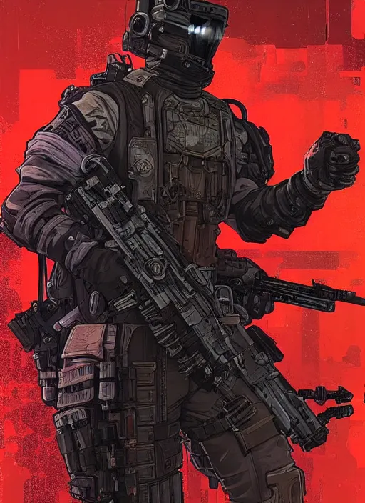 Image similar to cyberpunk blackops soldier. bomb suit. juggernaut. night vision. portrait by ashley wood and alphonse mucha and laurie greasley and josan gonzalez and james gurney. spliner cell, apex legends, rb 6 s, hl 2, d & d, cyberpunk 2 0 7 7. realistic face. dystopian setting.