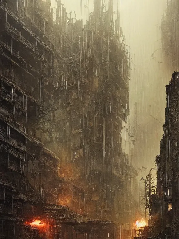 Image similar to a dark ruin city of a heart among the brutalism wreckage buildings in the rain,at dusk,by Hugh Ferriss,James Paick,Greg Rutkowski,aaron horkey,trending on pinterest,Blade Runner 2049,luxury,mythological,ultra realistic,high detail,golden ratio,cinematic lighting,maximalist