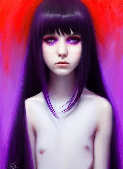 Image similar to hair whitebangs hair, black hair, whitebangs, portrait of teenage girl with white bangs, red irises, purple clothes, white bangs, bangs are different color from hair, intricate, elegant, glowing lights, highly detailed, digital painting, artstation, concept art, smooth, sharp focus, illustration, art by wlop, mars ravelo and greg rutkowski