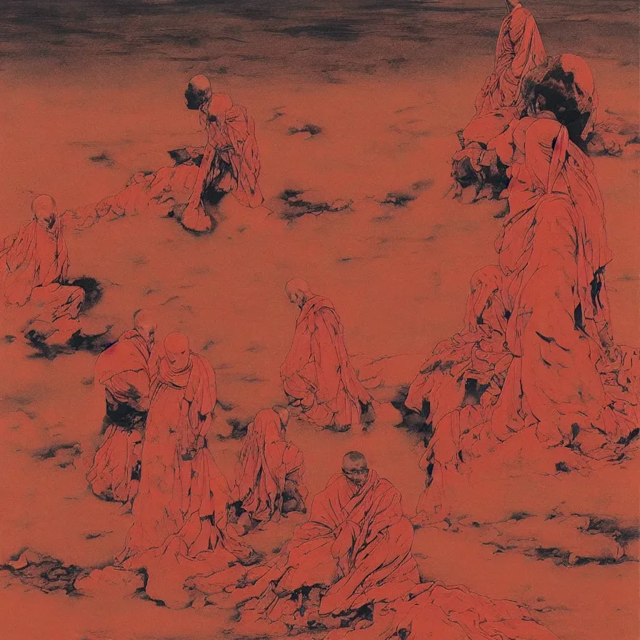 Image similar to faceless monks on a desert, red color scheme, high detailed beksinski painting, by adrian ghenie and gerhard richter. art by takato yamamoto. masterpiece, deep colours