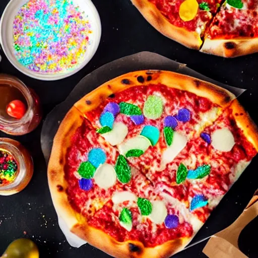 Prompt: pizza covered in rainbow glittery glitter