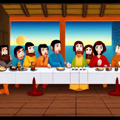 Image similar to The last supper, in the style of Pixar