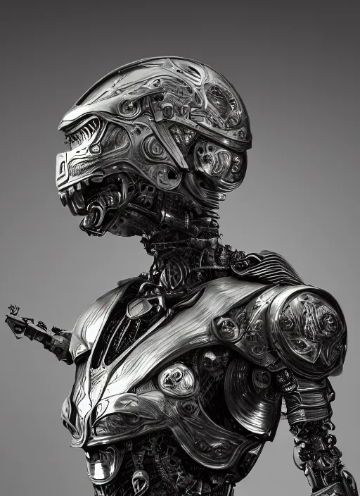 Image similar to close up front view portrait of a futuristic silver armored knight district 9 cyborg, modern fine art, fractal, intricate, elegant, highly detailed, digital photography, subsurface scattering, by jheronimus bosch and greg rutkowski,