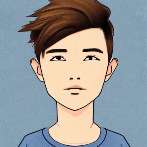 Prompt: simple colored sketch illustration boy with short side part light brown hair and brown eyes