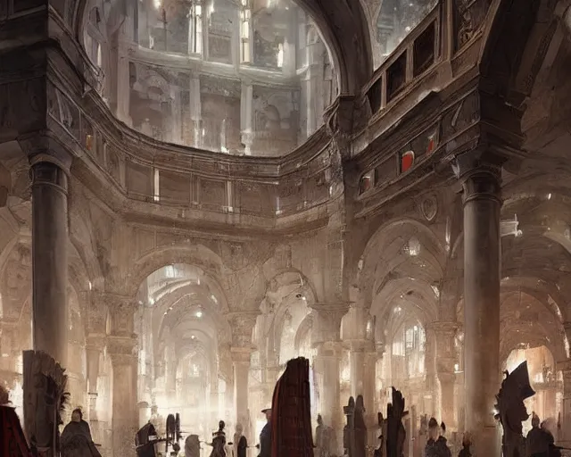 Prompt: a mall in the style of medieval roman constantinople, art by greg rutkowski and artgerma, stunning concept art, interior design architecture