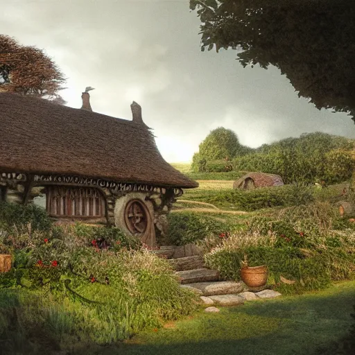 Image similar to Hobbiton house interior in the evening, detailed matte painting, cinematic, Alan Lee, Artstation