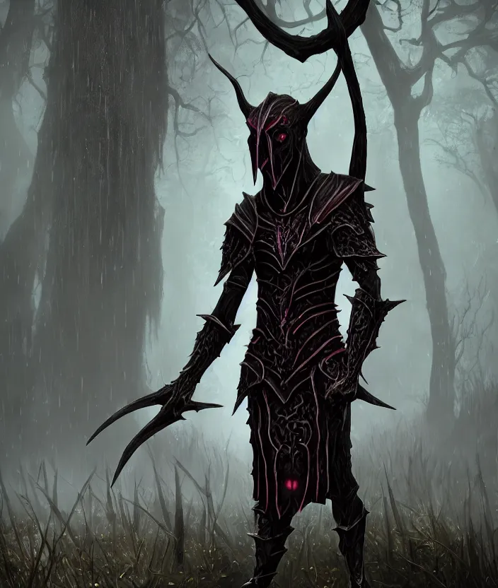 Prompt: A Dark Elf Dunmer wearing Daedric armor and a cowl with glowing red eyes walks in the rain through the Morrowind wetlands, Hyper realism, glow, runes, magic, morrowind, Skywind, Oblivion, Skyrim, dark, gloomy, House Telvanni, grass, trees, swamp, divayth fyr, pointy ears, high cheekbones, portrait, concept art, 4k, macro detail, stride, stance, pose, shadow, mushroom trees, cosplay, 4k morrowind concept art