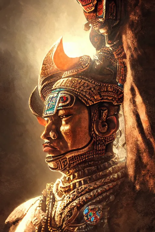 Image similar to aztec god, close - up portrait, powerfull, intricate, elegant, volumetric lighting, scenery, digital painting, highly detailed, artstation, sharp focus, illustration, concept art, ruan jia, steve mccurry