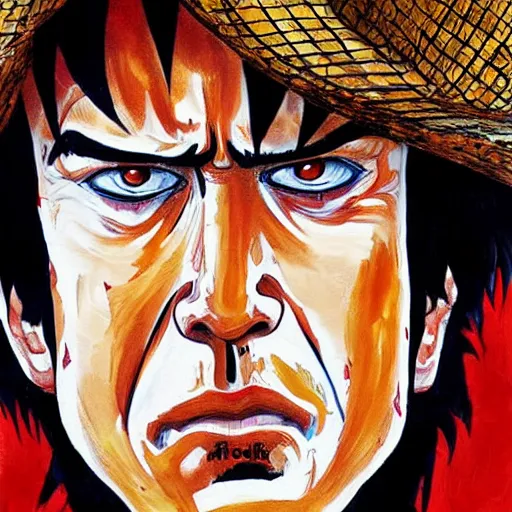 Image similar to nic cage as monkey d luffy, buff, painted portrait, highly detailed,