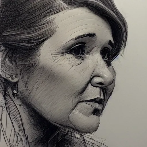 Image similar to a realistic yet scraggly portrait sketch of the side profile of a stern and sophisticated carrie fisher, trending on artstation, intricate details, in the style of frank auerbach, in the style of sergio aragones, in the style of martin ansin, in the style of david aja, in the style of mattias adolfsson