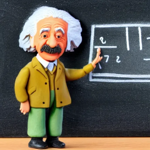 Image similar to claymation miniature scene of albert einstein standing in front of miniature blackboard with lots of mathematical formulas chalked on