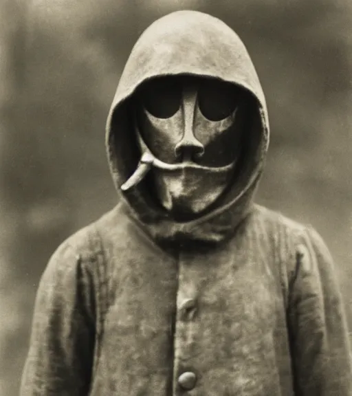 Image similar to a man at wearing iron full face hooded mask in distance, ww1 film photo, grainy, high detail, high resolution