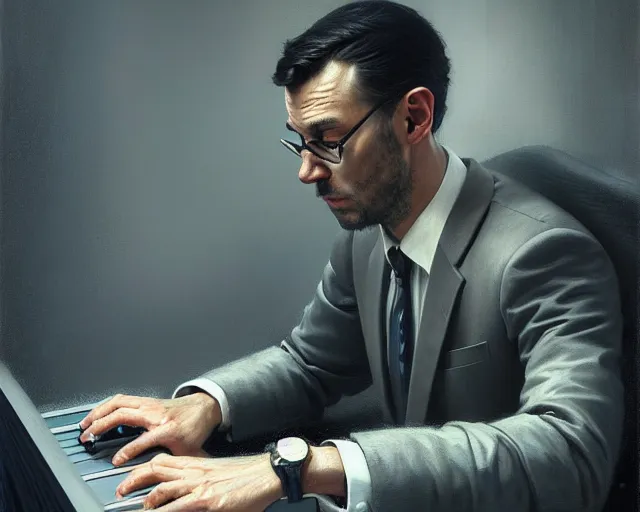 Prompt: portrait of a man typing on a computer, surrealism, detailed surroundings, artstation, detailed facial expression, centered, intricate, sharp focus, highly detailed, concept art, smooth, illustration, digital painting, elegant, intense emotion, by greg rutkowski, wlop