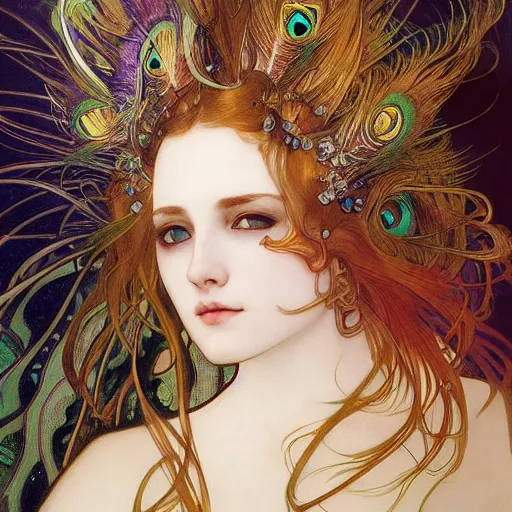 Prompt: realistic detailed face portrait of Ilon Mask with iridescent peacock feathers in his hair by Alphonse Mucha, Ayami Kojima, Amano, Charlie Bowater, Karol Bak, Greg Hildebrandt, Jean Delville, and Mark Brooks, Art Nouveau, Neo-Gothic, gothic, rich deep moody colors