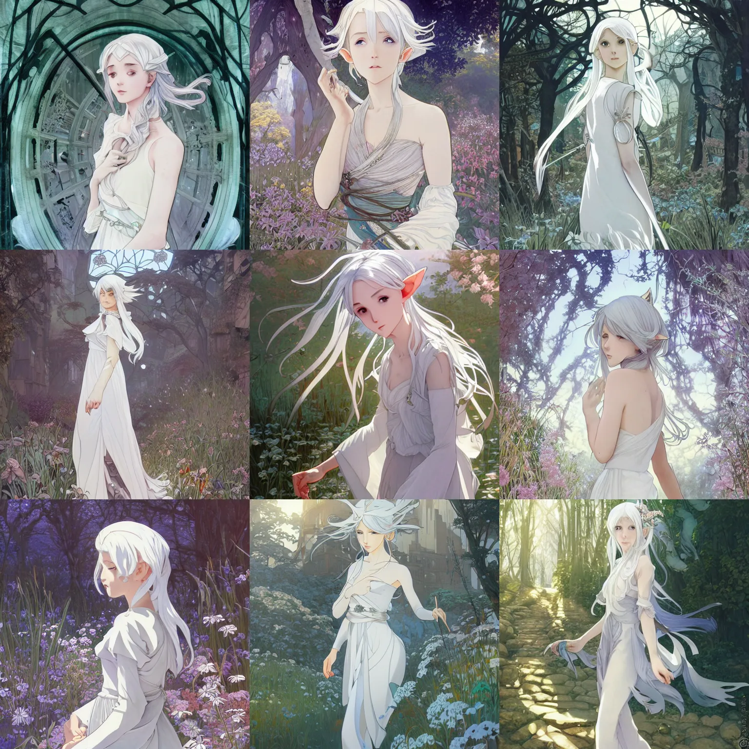 Prompt: Portrait of a beautiful silver-haired elf wearing a white dress walking through a city reclaimed by nature, fantasy, sharply defined facial features, highly detailed, artstation, official artbook, official Kyoto Animation and Studio Ghibli anime screenshot, by Ilya Kuvshinov and Alphonse Mucha