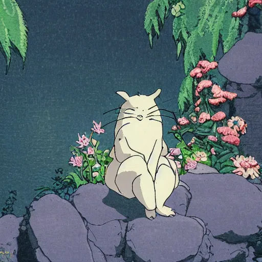 Image similar to creature sitting at the flower made by studio ghibli, detail, high quality