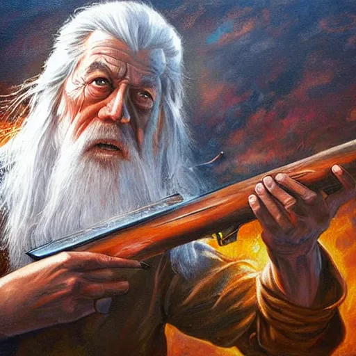 Prompt: gandalf firing a shotgun at an orch, very wide shot, oil painting, war photo, anger, fire, dramatic, very detailed, 4k, by Jeffrey Smith and Erin Hanson and Chad Knight