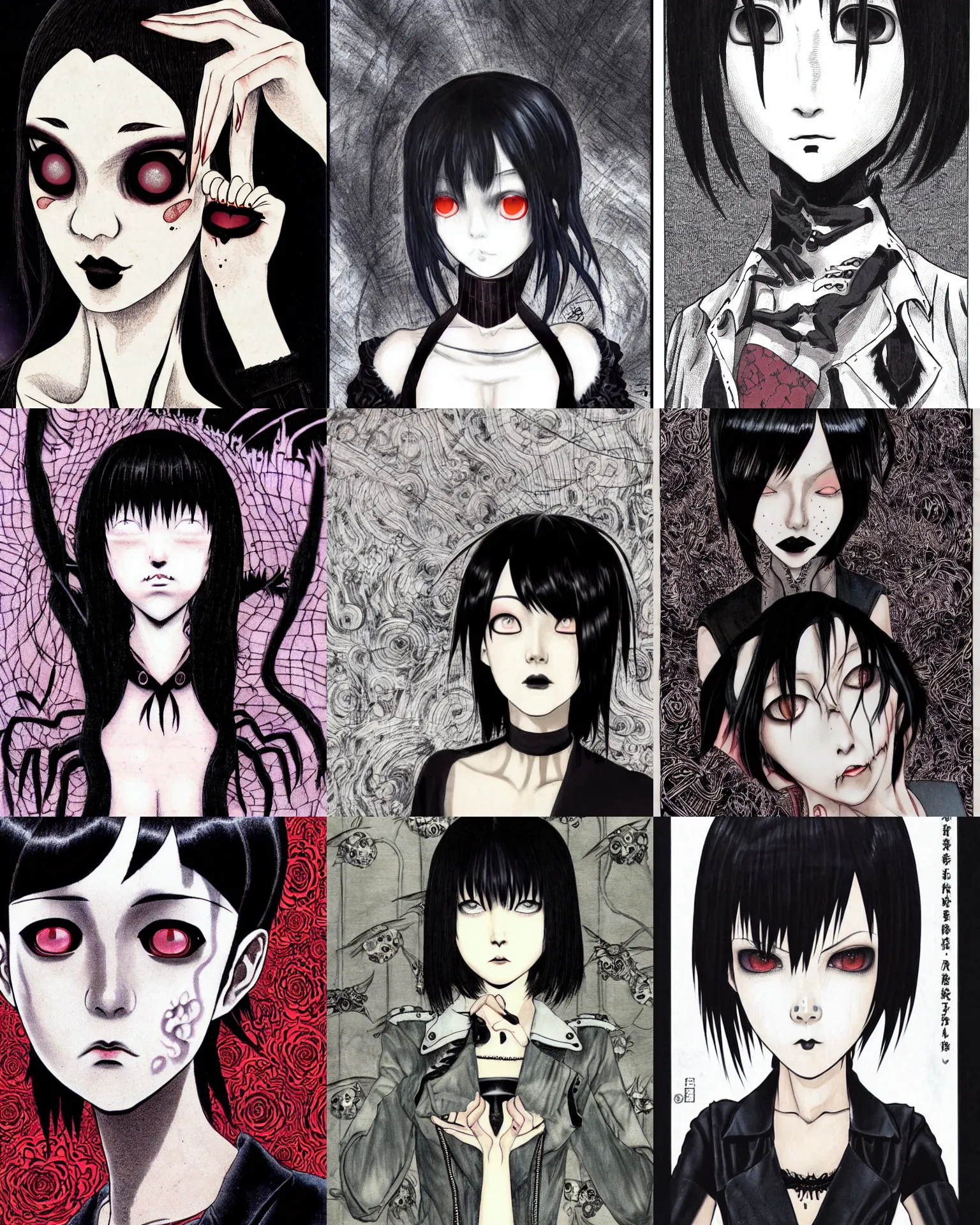 Prompt: A goth character portrait by Junji Ito. She has large evil eyes with entirely-black sclerae!!!!!! Her hair is dark brown and cut into a short, messy pixie cut. She has a slightly rounded face, with a pointed chin, and a small nose. She is wearing a black leather jacket, a black knee-length skirt, a black choker, and black leather boots.