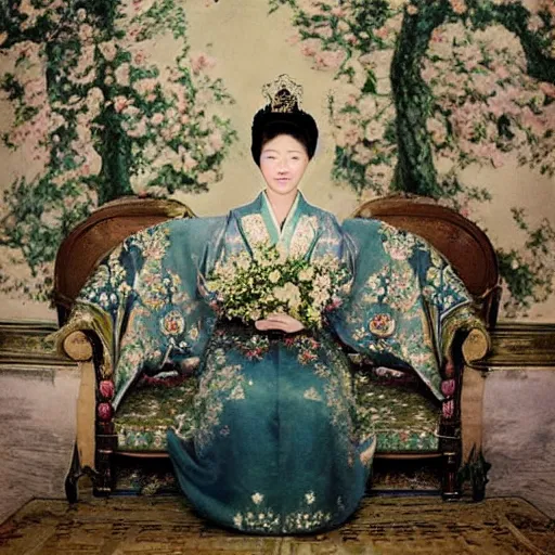 Image similar to A Russian and Japanese mix historical fantasy of a photograph portrait taken of inside a royal wedding floral covered isle inspired by a enchanted ethereal forest, 1907 photo from the official wedding photographer for the royal wedding.