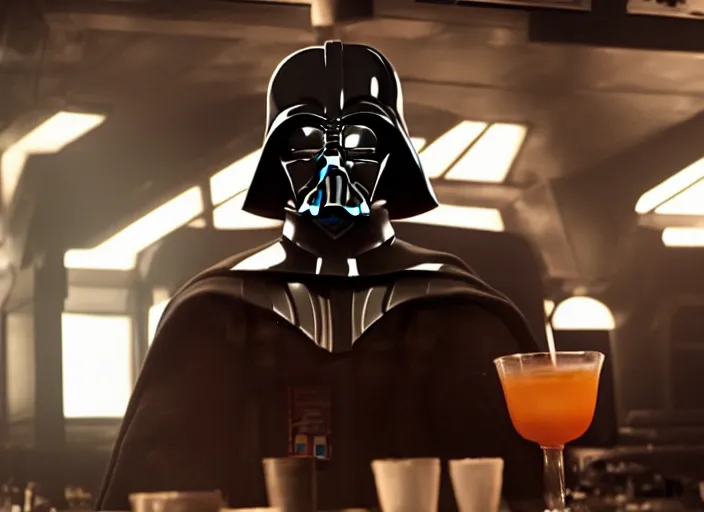 Image similar to film still of Darth Vader working as a bartender in the new Star Wars movie, 4k