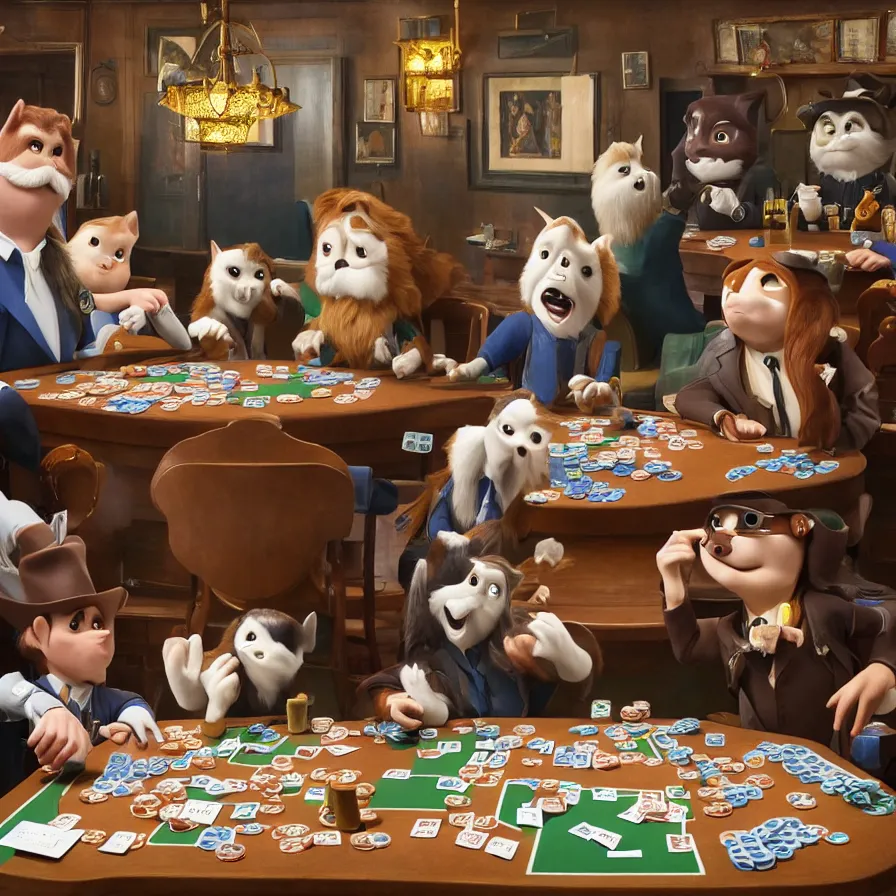 Prompt: beautiful studio photograph of a surrealist assemblage of skye and marshall and chase from paw patroll playing poker in a saloon, sculpted by ron mueck and matthew barney and rene magritte, hysterical realism intense cinematic lighting shocking detail 8 k