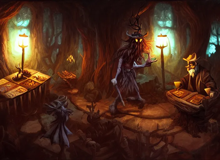 Prompt: dark cabin interior. a leshy forces you to play a card game. low lighting, dark painting by dan volbert and mandy jurgens and deiv calviz and lim chuan shin