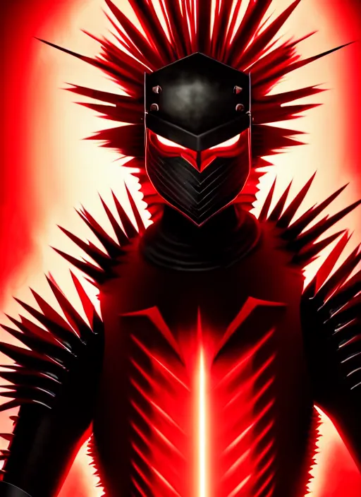 Image similar to a striking cinematic full body manga portrait of a long black haired masked male teenager wearing imposing red jagged spiked plate armour and glowing with raging powerful red energy by hirohiko araki and beeple, fine details, digital art, character concept art, volumetric lighting, cinematic light, photorealistic