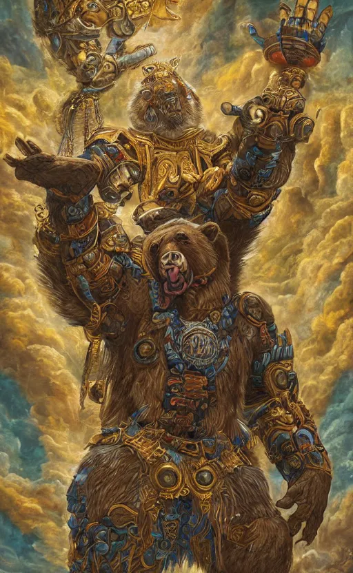 Image similar to mural of a bear beast-man, sci fi weapon, royal ornaments, reaching towards the heavens, sci fi world, holy imagery, highly detailed, beautiful colors, renaissance mural, mural in the style of sandro boticceli, sandro boticceli