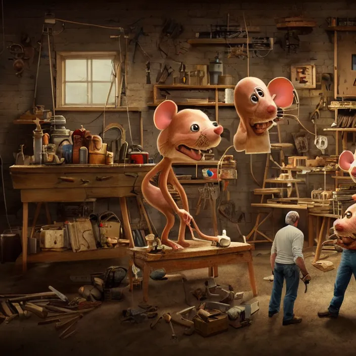 Image similar to crew of workers building giant mouse - movie prop - head in quaint workshop, octane render, 4 k ultra hd, hyper - detailed, realistic, seedy lighting, sharp focus, in style of beeple