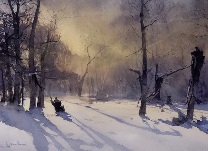 Prompt: watercolor winter landscape, glistering, high detailed art by dennis miller bunker, work by anders zorn, wonderful masterpiece by greg rutkowski, beautiful cinematic light, american romanticism by greg manchess, creation by tyler edlin