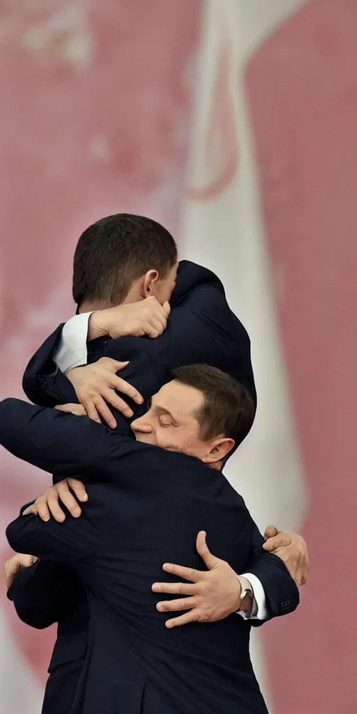 Image similar to Vladimir Putin gives Volodymyr Zelenskyy a warm and loving hug