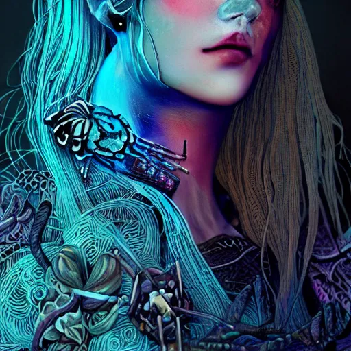 Prompt: viking goddess close-up portrait tribal princess , on a battlefield, high tech, cyberpunk, dystopian, jellyfish phoenix dragon, butterfly squid, burning halo, intricate artwork by Conrad Roset and Brooke Shaden, very coherent symmetrical artwork, cinematic, hyper realism, high detail, octane render, unreal engine, 8k, Vibrant colors, Smooth gradients, High contrast, depth of field,