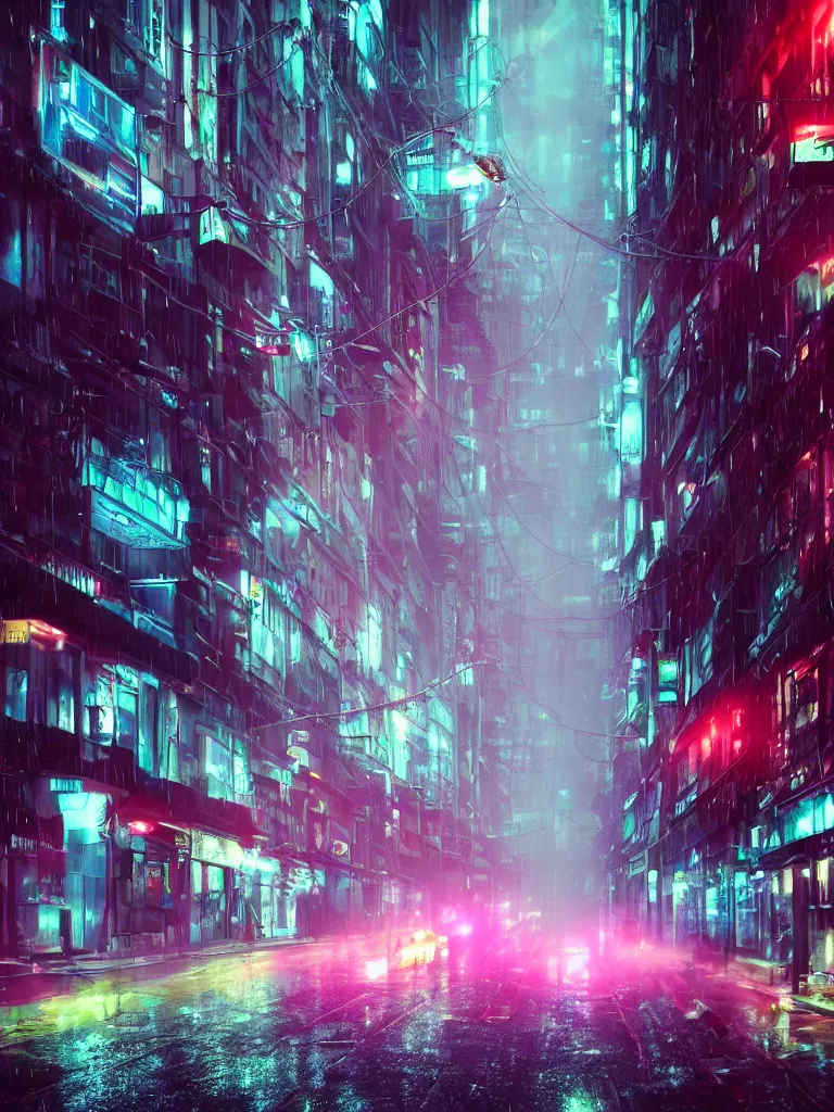 Prompt: neonpunk street, hanging cables, narrow, garbadge on the ground. rain. fog, haze, evening. led screens. very messy. futuristic. photorealistic