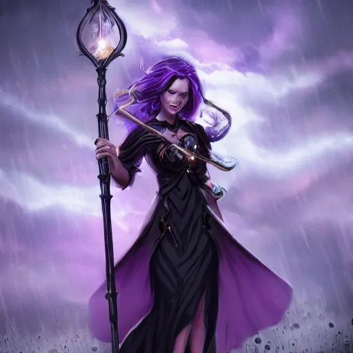 Prompt: a woman in a purple dress holding a staff and dark magic, storm and rain behind her, action scene, magical concept art, artstation contest winner, fantasy art, dark and mysterious, artstation hd, 1 2 0 mm lens, hero pose, detailed, 8 k, digital art