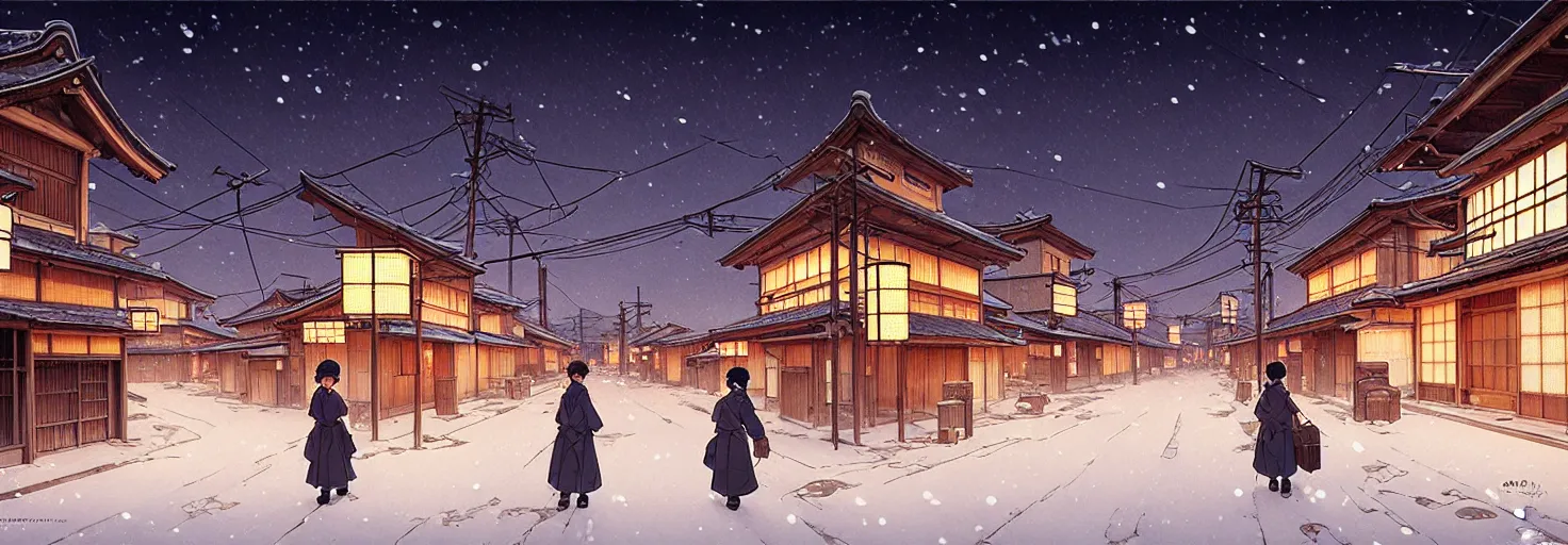 Image similar to empty rural japanese town at night, winter, in the style of studio ghibli, j. c. leyendecker, greg rutkowski, artem