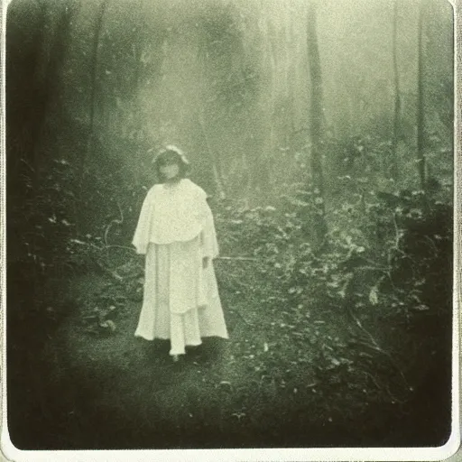 Image similar to an ancient evil-girl devouring the human souls on a mysterious Colombian jungle, mist, 1910 polaroid photography, grainy film, Black and white
