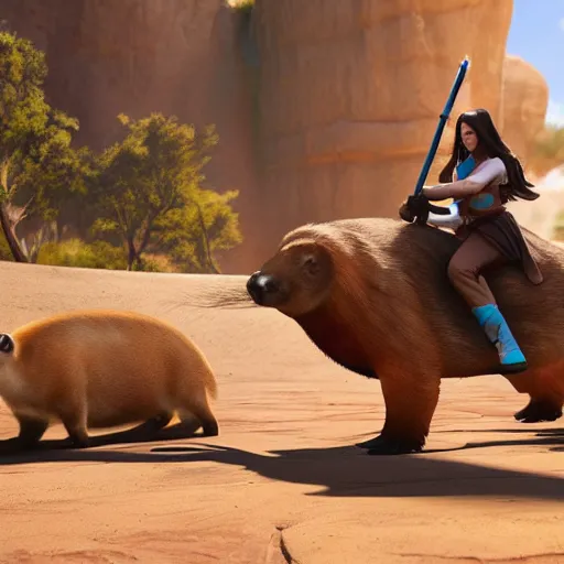 Image similar to female jedi riding a giant capybara into battle unreal 5, hyperrealistic, realistic, photorealistic, dynamic lighting