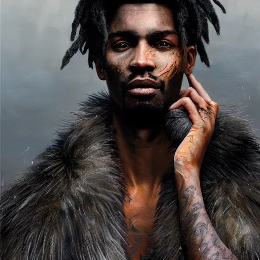 Image similar to portrait painting of a beautiful black man with cut scars and cropped hair wearing a tattered fur coat, ultra realistic, concept art, intricate details, eerie, highly detailed, photorealistic, octane render, 8 k, unreal engine. art by artgerm and greg rutkowski and charlie bowater and magali villeneuve and alphonse mucha