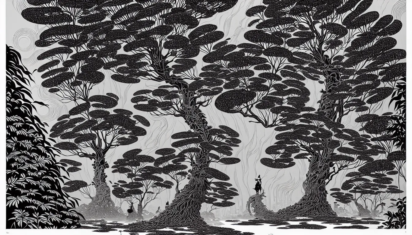 Image similar to giant fern tree by woodblock print, nicolas delort, moebius, victo ngai, josan gonzalez, kilian eng