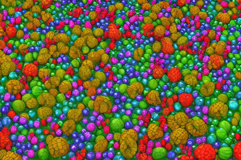 Image similar to super detailed color art, a lot of small berries, A multiverse of berries and flowers, unreal engine, wes anderson color palette, 3d render, colorful, digital art