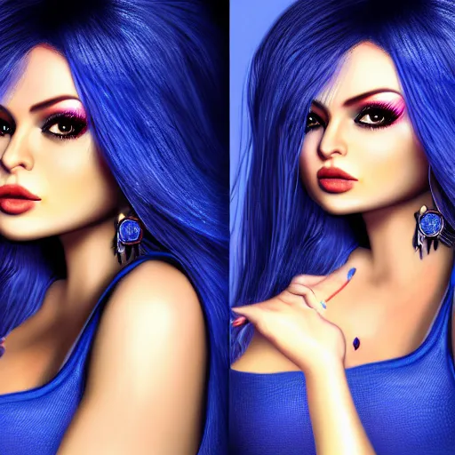 Image similar to portait of haifa wehbe, perfect lips, long hair blue centred, hd, very detailed curve, digital painting, art painting, unreal engine, final fantasy style, amazing red orange background theme