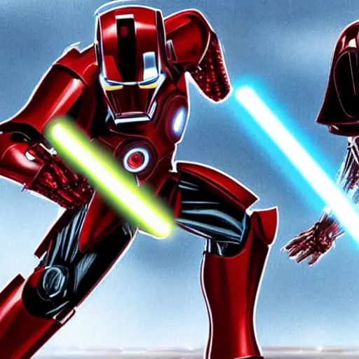 Image similar to iron man vs. darth vader, battle scene, movie scene, cinematic,