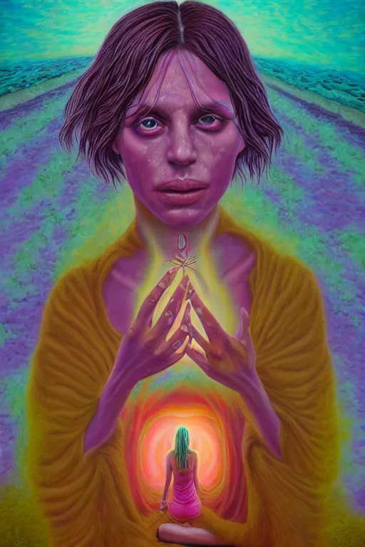 Image similar to acid tripping cult girl third eye open, chakra energy waves resonating from her body, ethereal aura, epic surrealism 8k oil painting, portrait, perspective, high definition, post modernist layering, by Sean Yoro, Casey Weldon