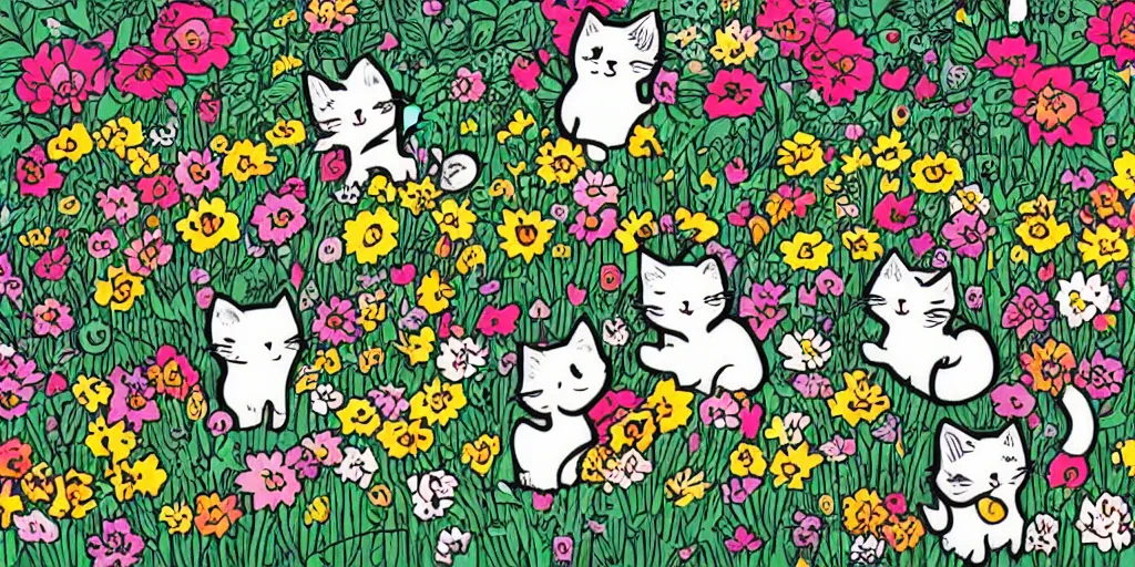 Image similar to group of kitten playing in a flower garden, art by mcbess