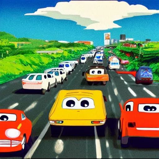 Prompt: cars in traffic on a highway, in style of studio ghibli