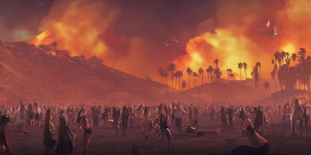 Image similar to realistic cinematic views of a orwellian coachella with wildfires in the background and dead seagulls falling from the sky in front of the main stage worshipping large egyptian styled statues of kim kardashian and kylie jenner, hyper detailed, terror glows, hyper realistic, digital painting, 8 k, 3 5 mm film grain, octane render