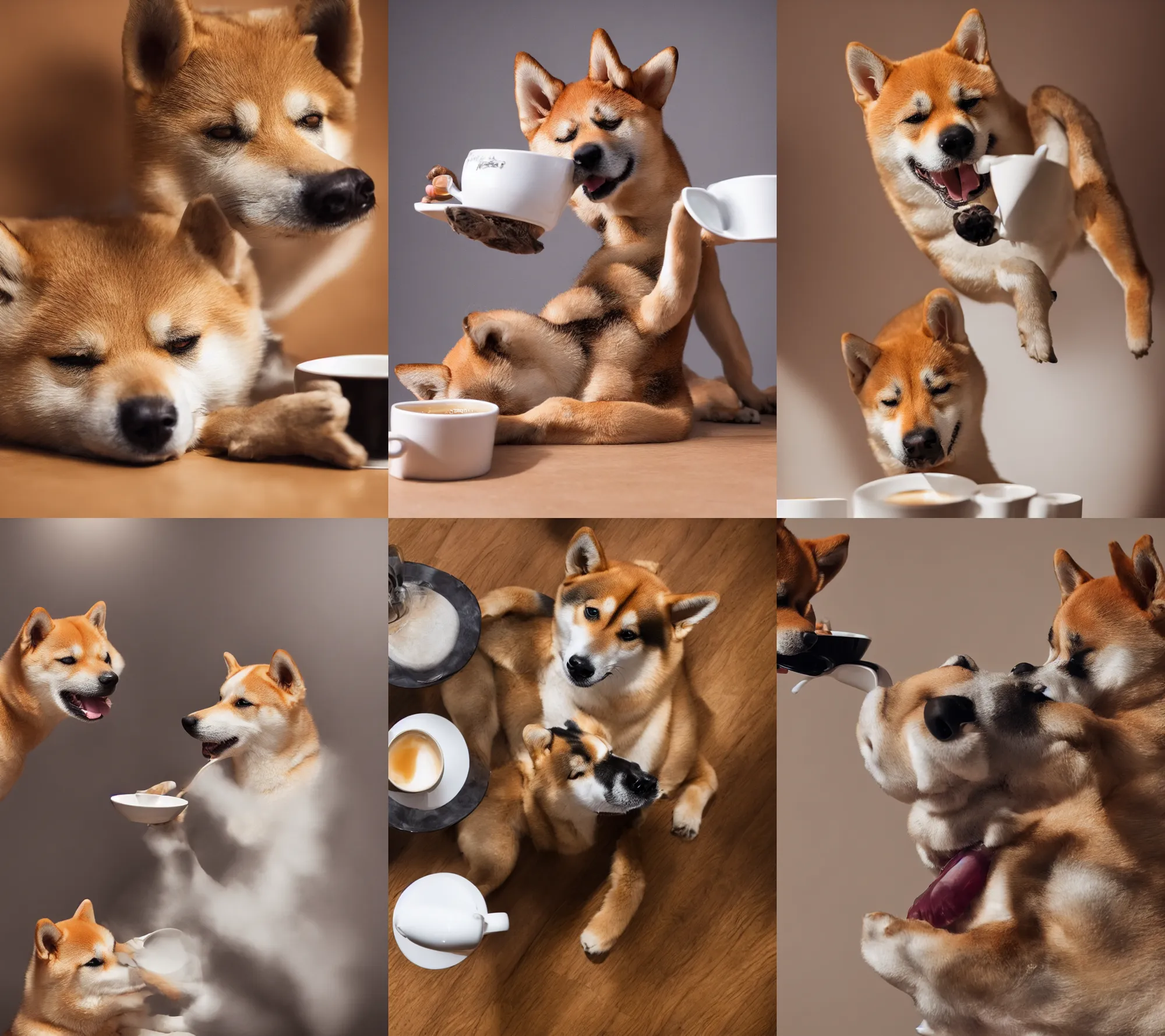 Prompt: Photograph of a Shiba Inu dog drinking coffee, studio lighting