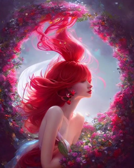 Prompt: red-haired summer goddess in a swirling dress of flowers, floral couture, radiant light, flowery fashion, vortex of petals, by WLOP and artgerm, artstation, deviantart, pixiv