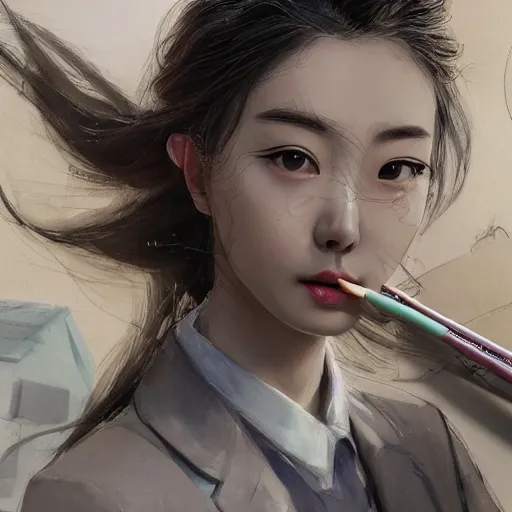 Image similar to dynamic composition, motion, ultra-detailed, incredibly detailed, a lot of details, amazing fine details and brush strokes, colorful and grayish palette, smooth, HD semirealistic anime CG concept art digital painting, watercolor oil painting of a young office lady, by a Chinese artist at ArtStation, by Huang Guangjian, Fenghua Zhong, Ruan Jia, Xin Jin and Wei Chang. Realistic artwork of a Chinese videogame, gradients, gentle an harmonic grayish colors.