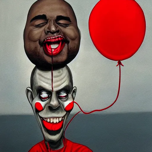 Image similar to grunge painting of kanye with a wide smile and a red balloon by chris leib, loony toons style, pennywise style, corpse bride style, horror theme, detailed, elegant, intricate